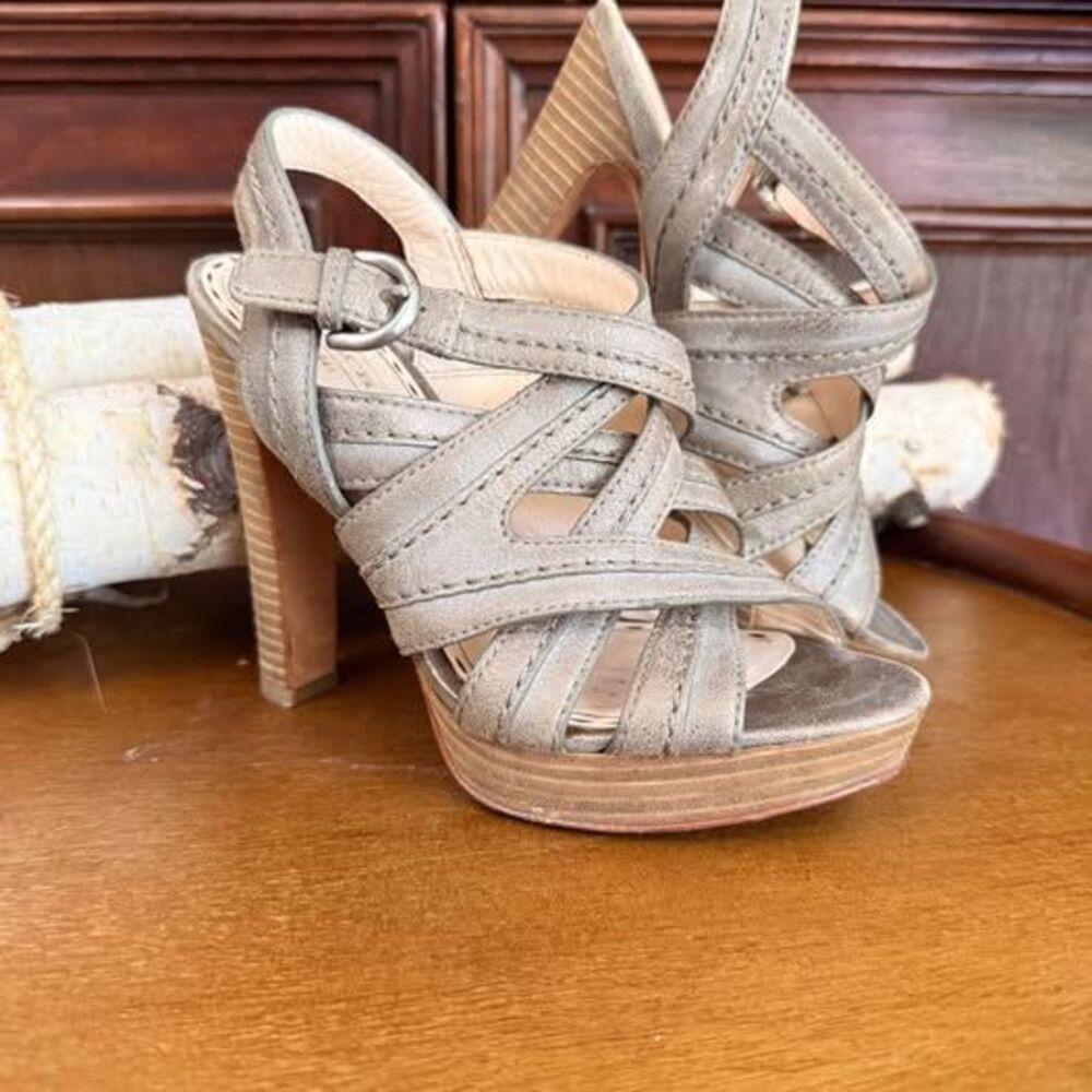 COACH Brynne strappy platform heels in a metallic bronze gold leather